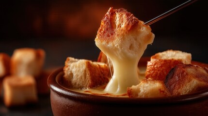 Delicious Cheese Fondue with Bread Cubes, Close-Up View of Melted Cheese and Toasted Bread, Swiss Cuisine, Comfort Food, Warm and Cozy Meal