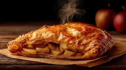 Freshly Baked Apple Turnover with Puff Pastry, Steaming Hot on Rustic Wooden Table, Delicious Dessert with Apples in Background
