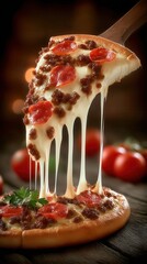 Delicious Pepperoni Pizza Slice with Melting Cheese on a Wooden Spatula, Close-Up Studio Shot of Italian Cuisine, Appetizing Food Photography