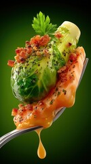 Gourmet Brussels Sprout and Salmon Appetizer on Fork with Sauce Drizzle, Garnished with Bacon Crumble and Parsley, Against a Dark Green Background