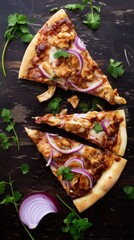 Delicious BBQ Chicken Pizza Slices with Red Onion and Cilantro on Dark Wood Background, Top View, Appetizing Food Photography