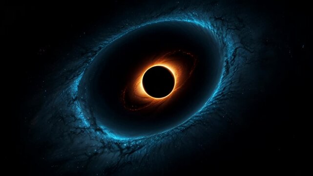 a black hole in outer space, with a very dark central ring surrounded by an orange-glowing accretion disk and gravitational effects that distort the surrounding space-time