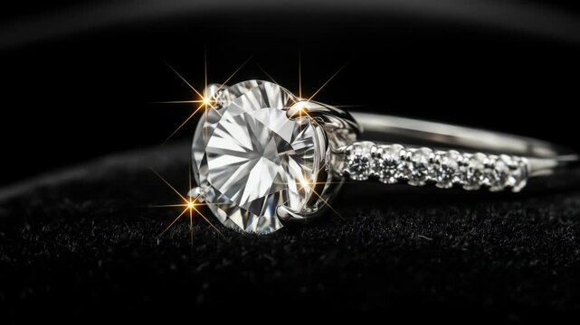 A close-up studio shot shows a diamond ring on black velvet with starburst effects