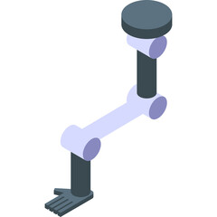 Futuristic robotic arm in light blue and dark grey with a five fingered hand against a clean white background representing automation and technology in industrial settings