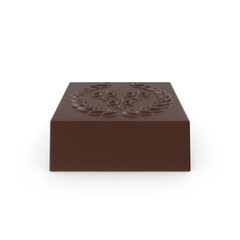 Smooth square chocolate candy with a decorative laurel wreath emblem, isolated PNG