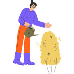 Gardener Character Watering Yellow Bush With Watering Can Flat Illustration Style