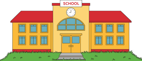 Traditional School Building Flat Cartoon Vector Illustration Red Roof Clock Facade Educational Institution Elementary Primary College Campus Learning Center Exterior Design