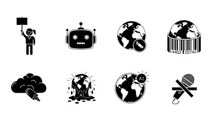 Collection of Symbolic Icons Depicting AI, Technology, Global Risks, and Social Activism