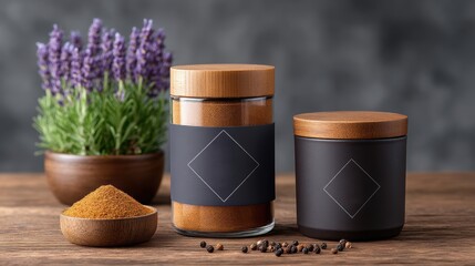 A stylish arrangement of jars and lavender, conveying a sense of calm and natural beauty.