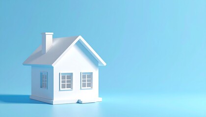 "Minimal white house model with pitched roof and chimney, set against solid blue backdrop."