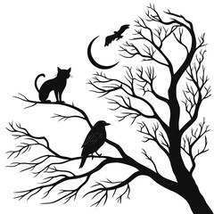 Silhouette of a black cat perched on a tree branch with a bird and a bat flying near a crescent moon