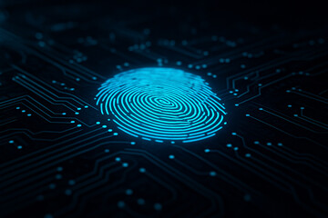 AI generated futuristic technology image with glowing blue fingerprint on dark electronic circuit background representing biometric identification cybersecurity digital security and innovation concept