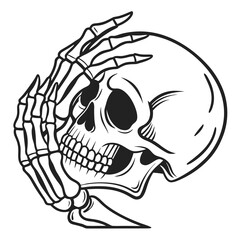 A black and white graphic illustration of a skeleton skull with its bony hands covering its eyes in a gesture of despair or disbelief