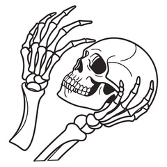 Stylized black and white line art illustration of a skeleton s hands holding a human skull in a dramatic pose