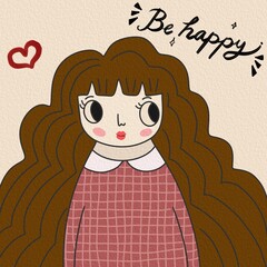A charming Be Happy illustration  of a cute girl with long wavy hair, rosy cheeks, and a red checkered dress. This positive artwork spreads joy and encouragement, perfect for wall art.