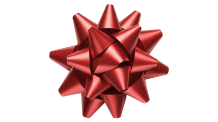 A single vibrant red satin starburst gift bow with pointed loops isolated on a transparent background for festive decoration and celebration isolated on transparent background