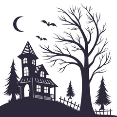 A spooky halloween scene featuring a haunted house on a hill, a bare tree, bats flying in front of a crescent moon, and a creepy fence in a vector illustration