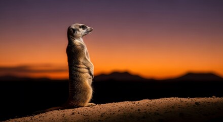 A alone meerkat standing guard at sunset 