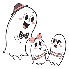 A cute ghost family, featuring a father ghost with a hat and bow tie, a mother ghost with a bow, and a daughter ghost, all smiling and happy in a cartoon style