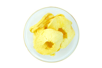 potato chips in a bowl, Dried fruit, dried sliced apple in cup isolated on white background with clipping path top view flat lay stack