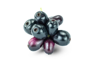 Fresh ripe Jambolan plum fruits or Java plum or Jambul or Myrtle berries isolated on white background stack close up clipping path