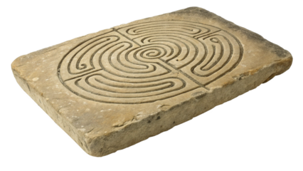 A stone slab with a carved labyrinth pattern, isolated on transparent background