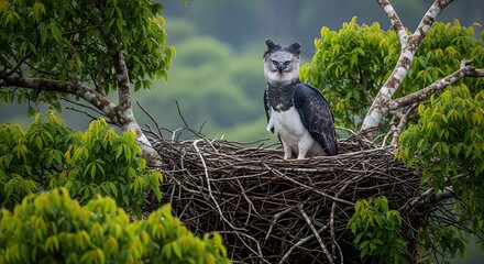 Majestic harpy eagle perched in its large nest amidst lush green foliage