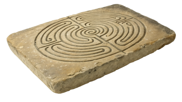 A stone slab with a carved labyrinth pattern, isolated on transparent background