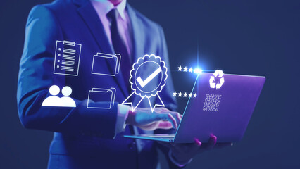 Corporate businessman completing a digital certify checklist for compliance and document verification using AI technology.