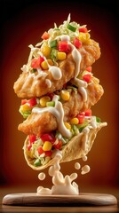 Stack of Delicious Fish Tacos with Fresh Vegetables and Creamy Sauce on a Wooden Board, Appetizing Food Photography, Close-up Shot, Culinary Delights