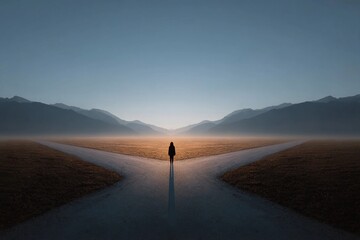 Person at a crossroads contemplating choices in a serene landscape Generative AI