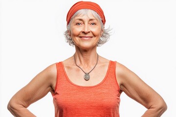Cheerful fit elderly woman poses confidently in workout attire Generative AI