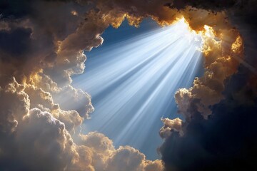 Golden beam of hope breaks through dark clouds in the sky Generative AI