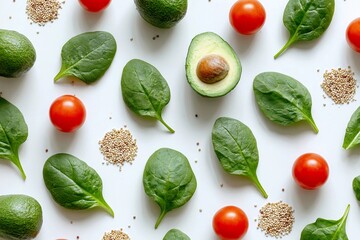 Fresh ingredients for healthy spring meals featuring spinach, tomatoes, and avocado Generative AI