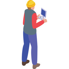 Construction Worker In Yellow Hard Hat And Blue Pants Holding Laptop Computer In Isometric View Against White Background