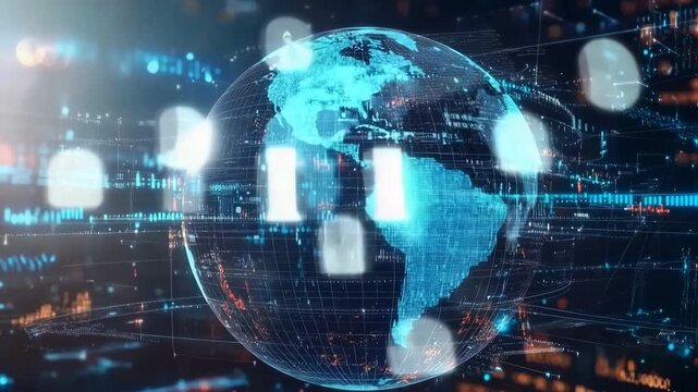 Rotating 3D globe in digital interface showcasing real-time data and global information - Powered by Adobe