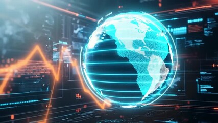Rotating 3D globe in digital interface showcasing real-time data and global information - Powered by Adobe