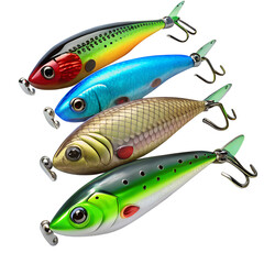 Four realistic fishing lures with vibrant colors on black background