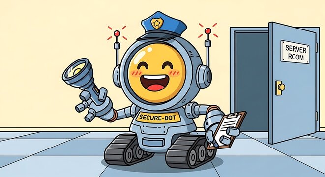 Happy cartoon robot police officer guarding a server room entrance.