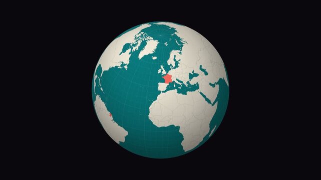 France map. Animated zoom into the country on the Globe in Teal Pale Mint color palette. Country logo animation. Map with meridians, parallels. Neat video.