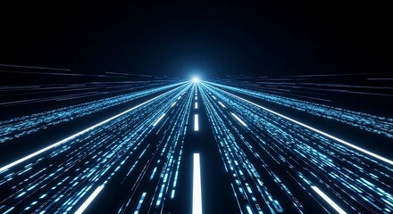 Futuristic highway with glowing blue lights leading to a distant horizon
