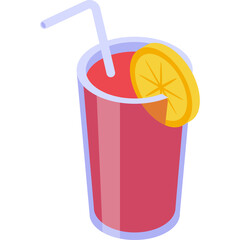 Red Berry Juice Drink with Lemon Slice and Straw in Tall Glass Detailed Isometric Icon with Transparent Background
