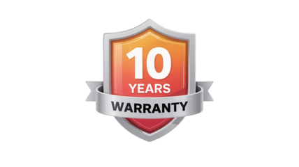 Golden orange shield emblem with white ribbon banner displaying ten years warranty text isolated on transparent background