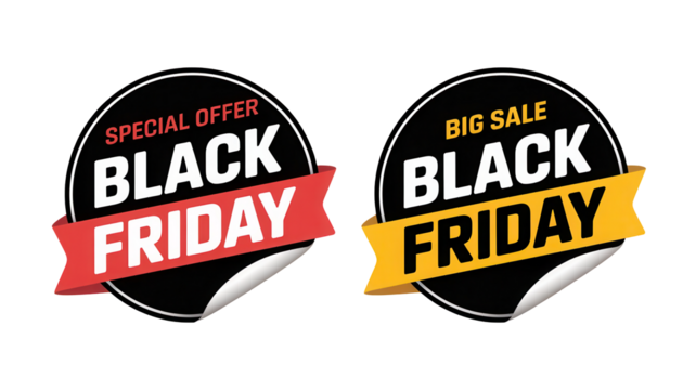 Two black friday sale stickers with special offer and big sale text on a transparent background isolated on transparent background