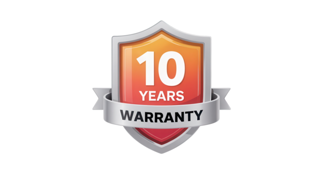 Golden orange shield emblem with white ribbon banner displaying ten years warranty text isolated on transparent background