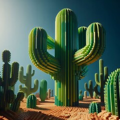 Explore a vibrant stylized desert with majestic voxel cactus under a beautiful blue sky landscape