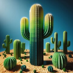 Explore a vibrant stylized desert with majestic voxel cactus under a beautiful blue sky landscape