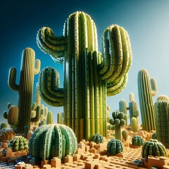 Giant Cactus on vibrant desert under bright blue skies, a stunning botanical landscape illustration for design work