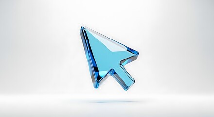 Blue glass arrow cursor isolated on white background in a studio shot
