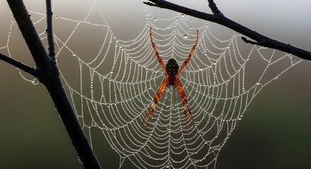 Spider waiting in a dew covered web on a misty morning